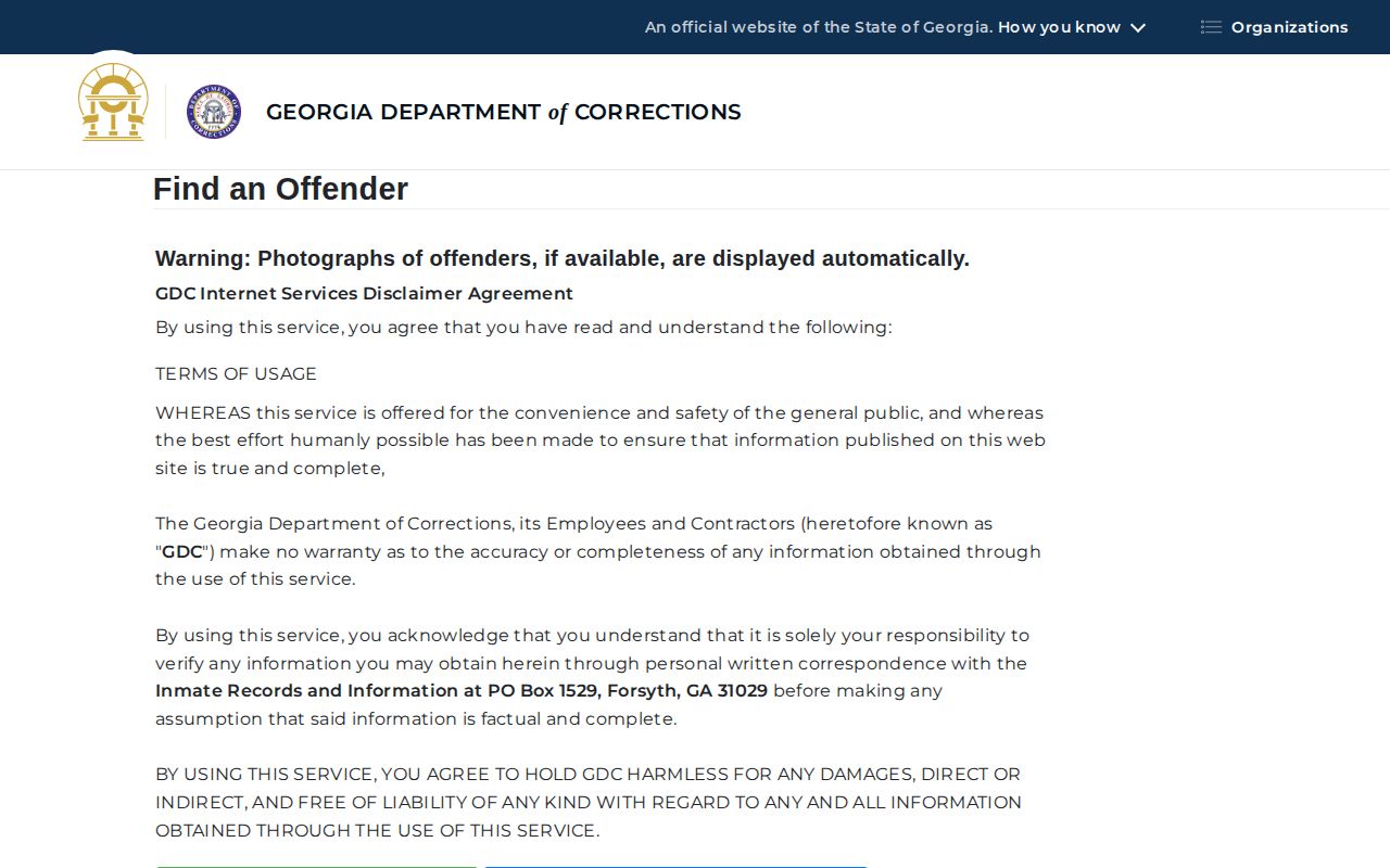 Georgia Department of Corrections offender search form for Dougherty County records