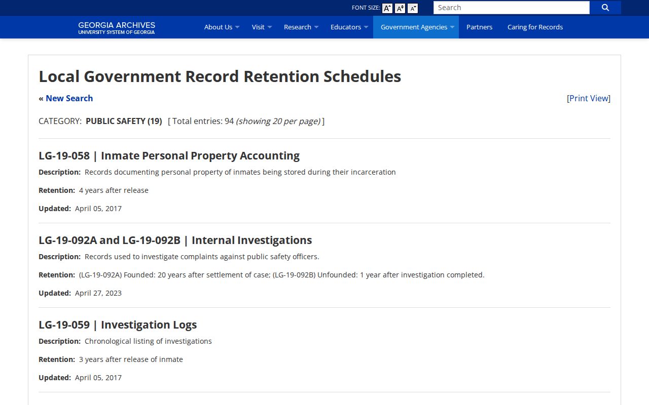Georgia Archives jail-record retention schedule relevant to Dougherty County bookings