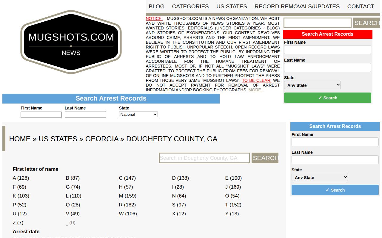 Historical unofficial Mugshots.com Dougherty County archive landing page