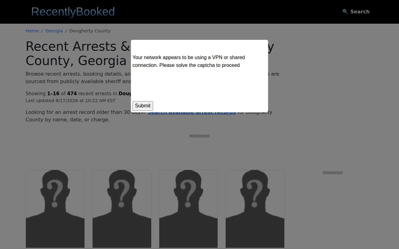 Unofficial RecentlyBooked Dougherty County records landing page